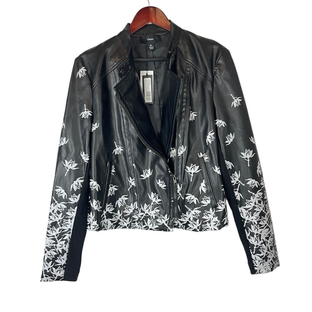 Yyigal Women's Jacket Black Size XL Vegan Faux-Leather Floral-Print $179 Moto